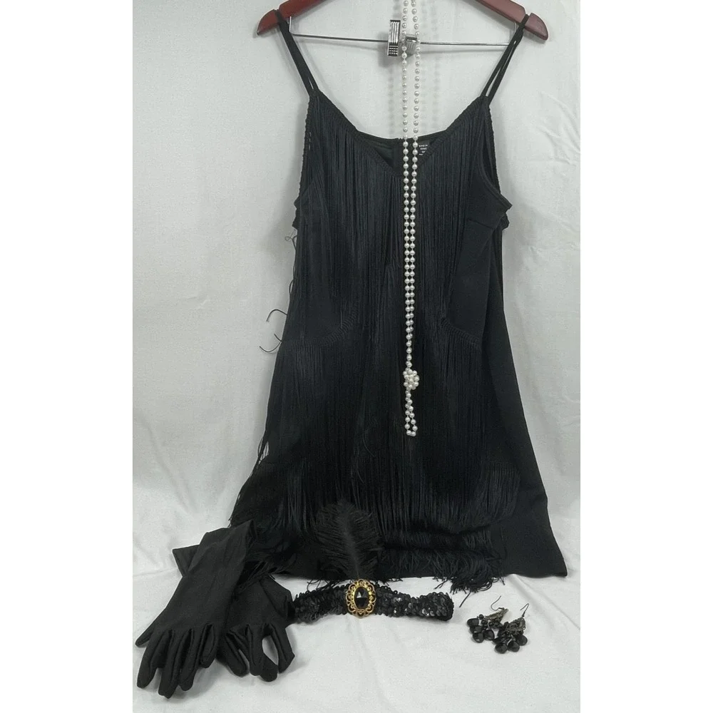 Roaring 20's Gatsby Party Flapper Costume Gloves Hairband Necklace Earing  Sz 1X